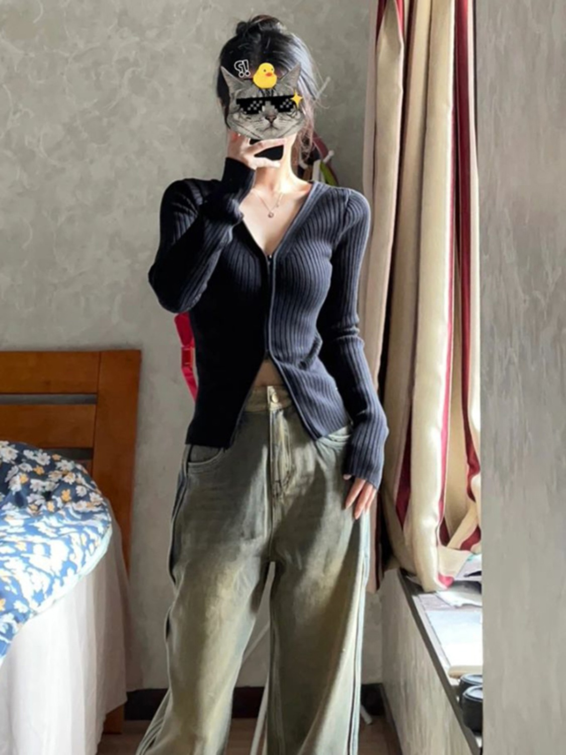 秋季套裝女2023新款美式復古辣妹風修身顯瘦雙拉鏈針織上衣牛仔褲