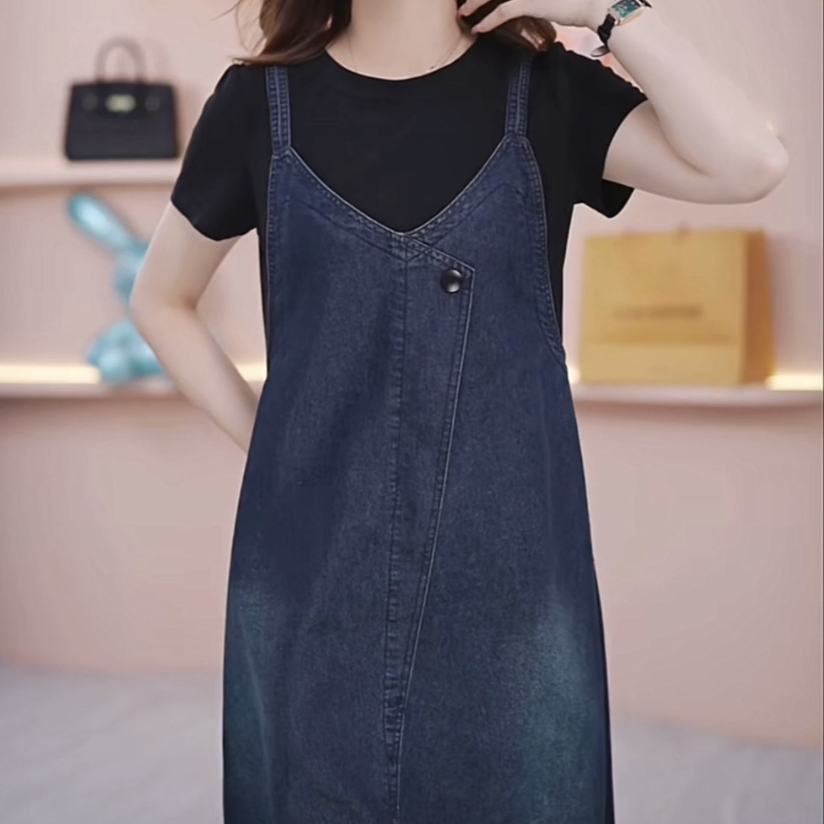 時尚軟牛仔假兩件套裝2023新款女夏時尚高檔洋氣減齡短袖背帶裙子