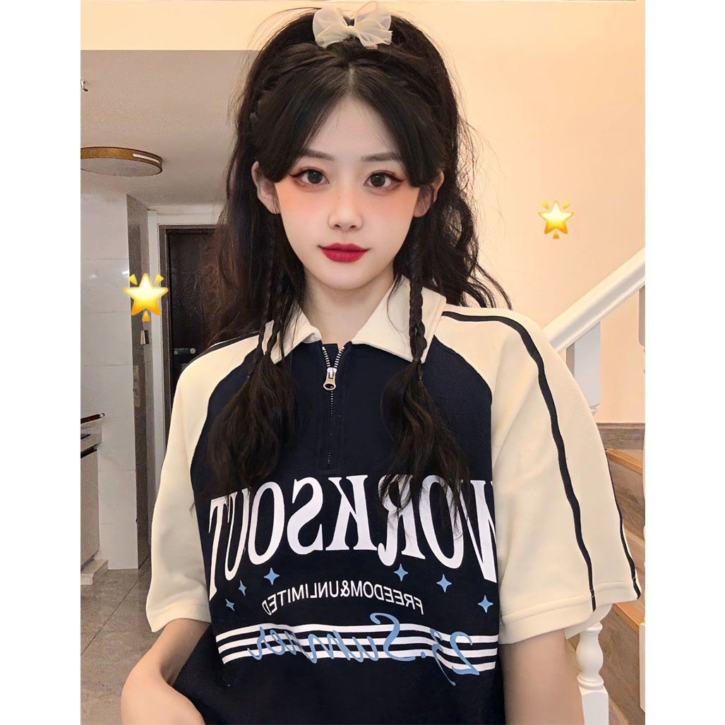 100% cotton half zipper POLO collar insert color short-sleeved T-shirt women's summer mid-length student loose top ins tide