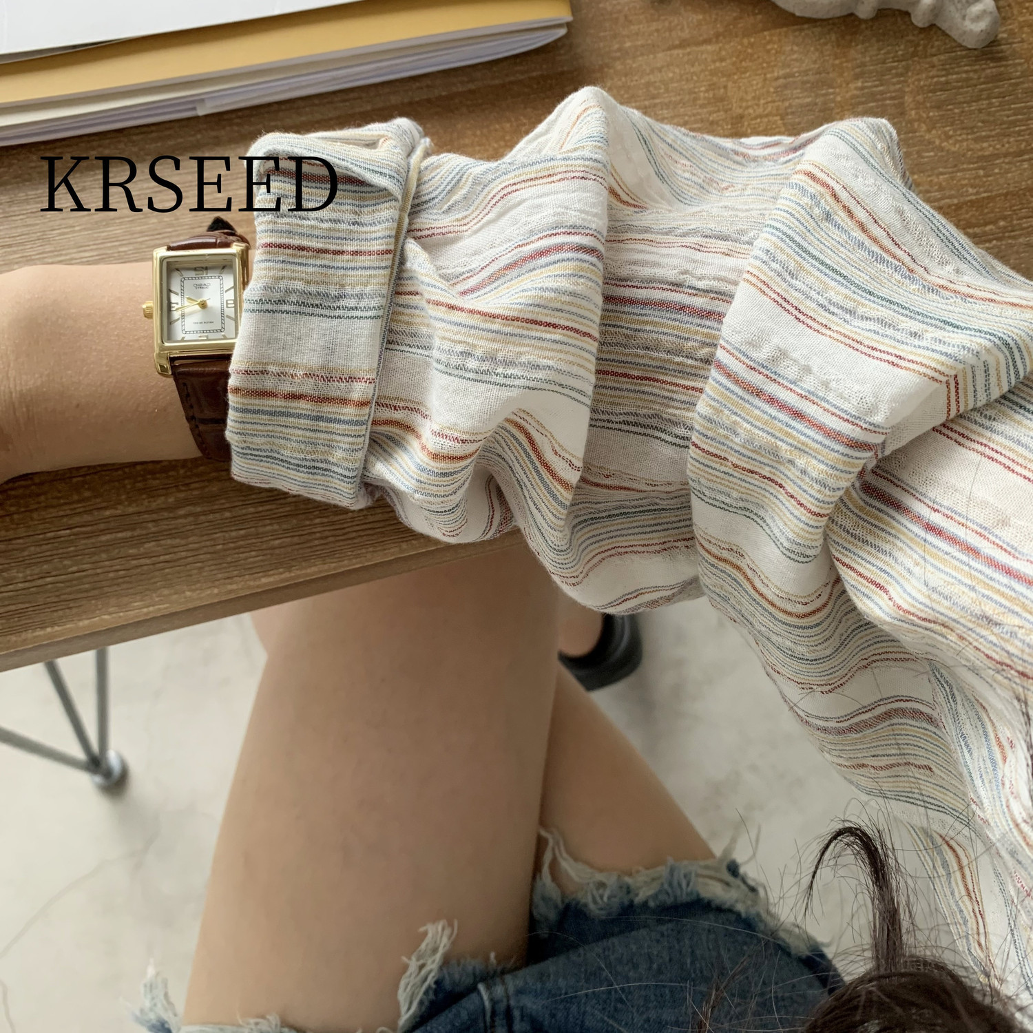 KRSEED慵懶風復古條紋襯衫女春季設計感小眾棉麻寬鬆韓版長袖襯衣