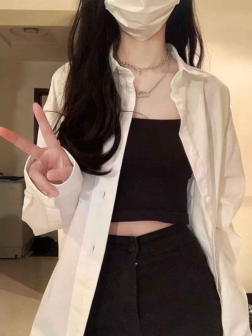 港風新款基礎白襯衫女春秋韓版百搭簡約外穿長袖襯衣寬鬆情侶上衣