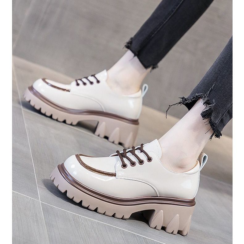 Round toe small leather shoes women's British style  new autumn color matching fashion foreign style chunky heel thick bottom increased loafers