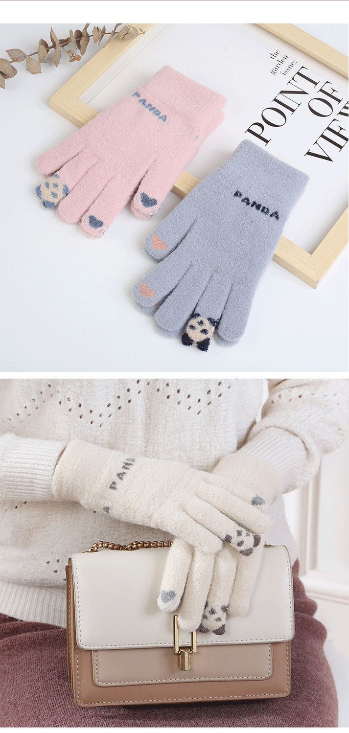 毛绒手套男女冬季触屏加绒加厚保暖韩版可爱学生卡通防寒针织手套