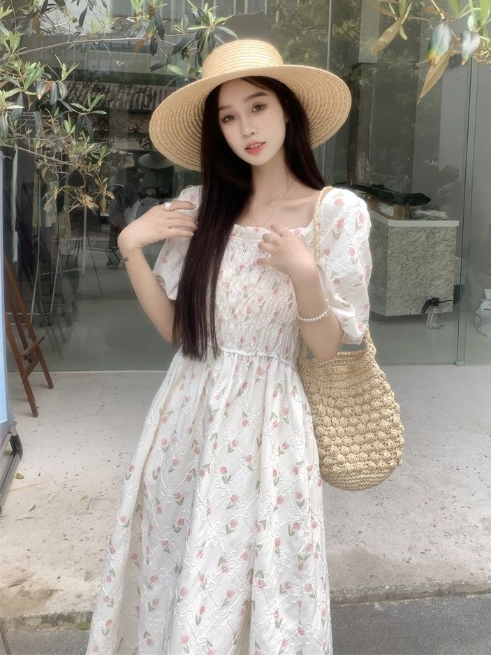 Korean style sweet college wind waist square collar floral dress female students Korean version of age-reducing mid-length A-line skirt