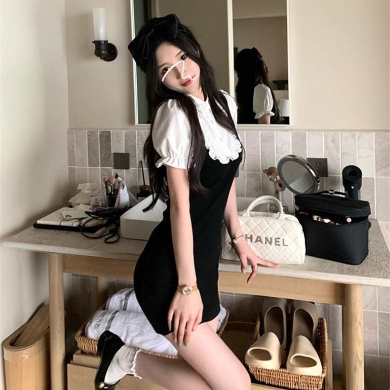 假兩件短袖襯衫拼接連衣裙女春季2023新款設計感收腰短裙包臀裙子