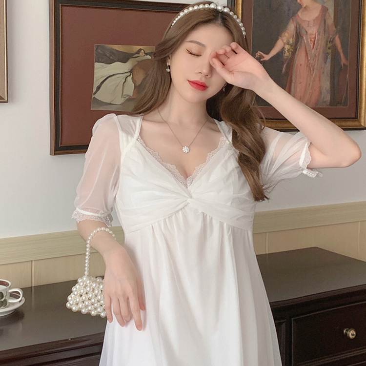 Pure lust nightdress female summer mesh sexy lace short-sleeved pajamas pure desire wind with chest pad 2023 new