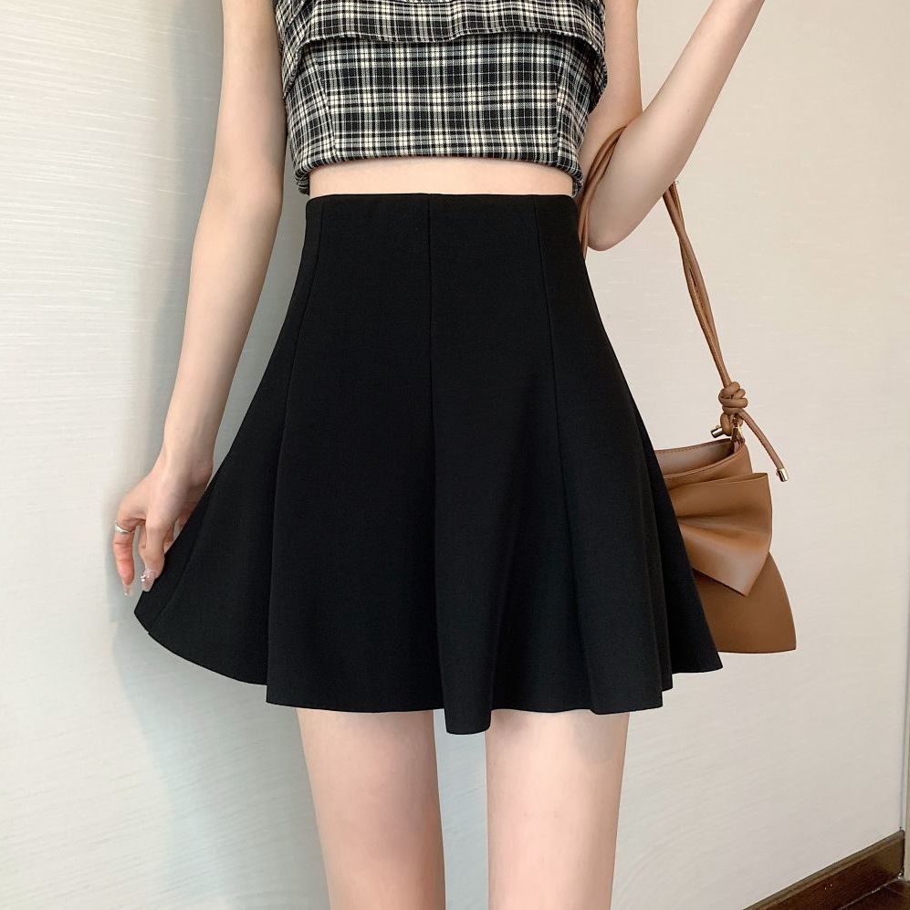 Black a-line skirt for women, high-waisted short skirt, anti-exposure  autumn and winter new style pleated skirt, slimming and flesh-covering skirt