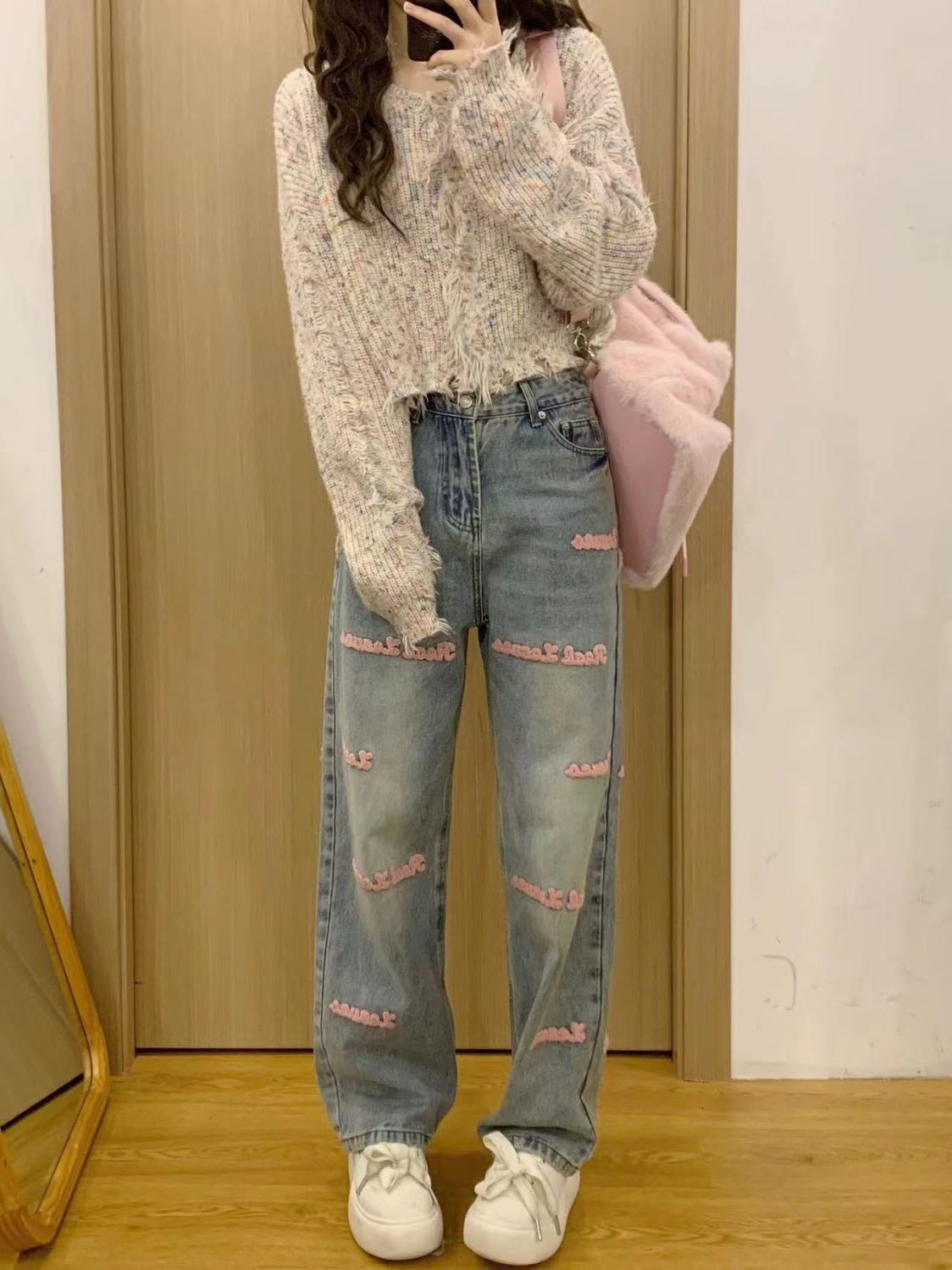 秋冬季粉色字母刺繡牛仔褲女直筒拖地長褲韓版闊腿褲個性美式潮流