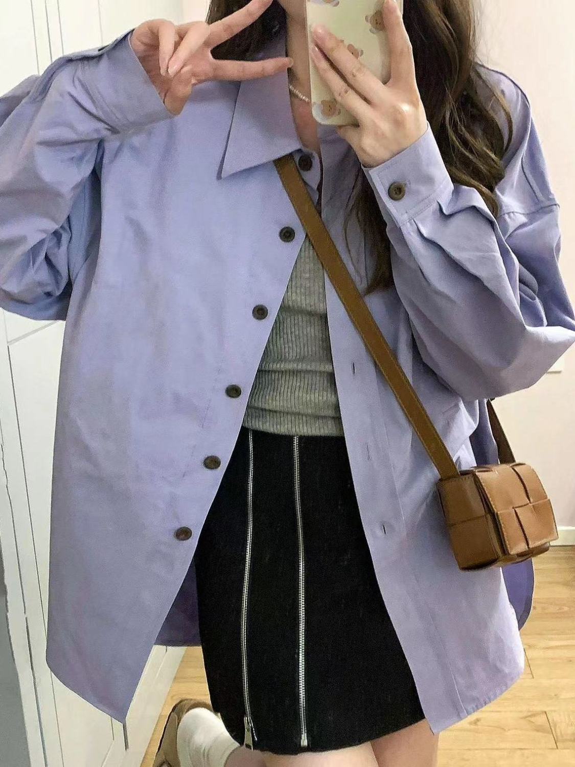 淡紫色純棉襯衫女春夏新款寬鬆百搭上衣純色襯衣開衫情侶款外套潮