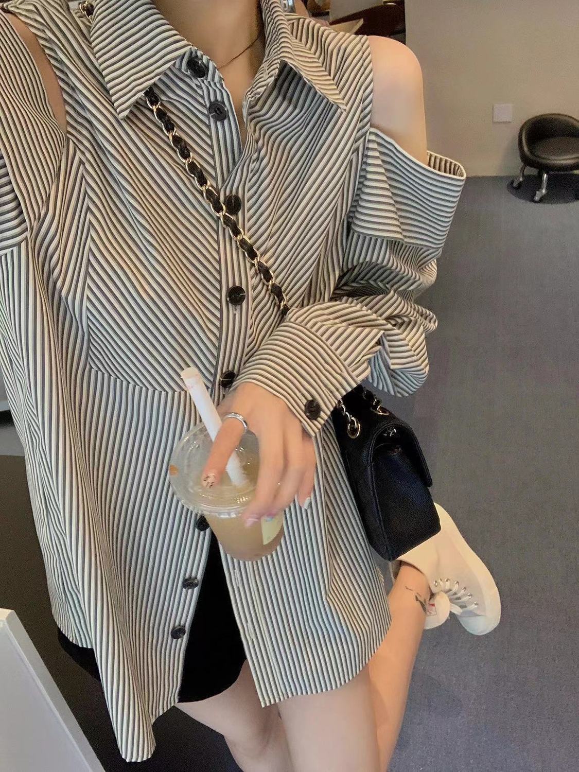 Korean version of ins striped strapless shirt women's summer new loose and versatile design sense niche long-sleeved shirt cardigan