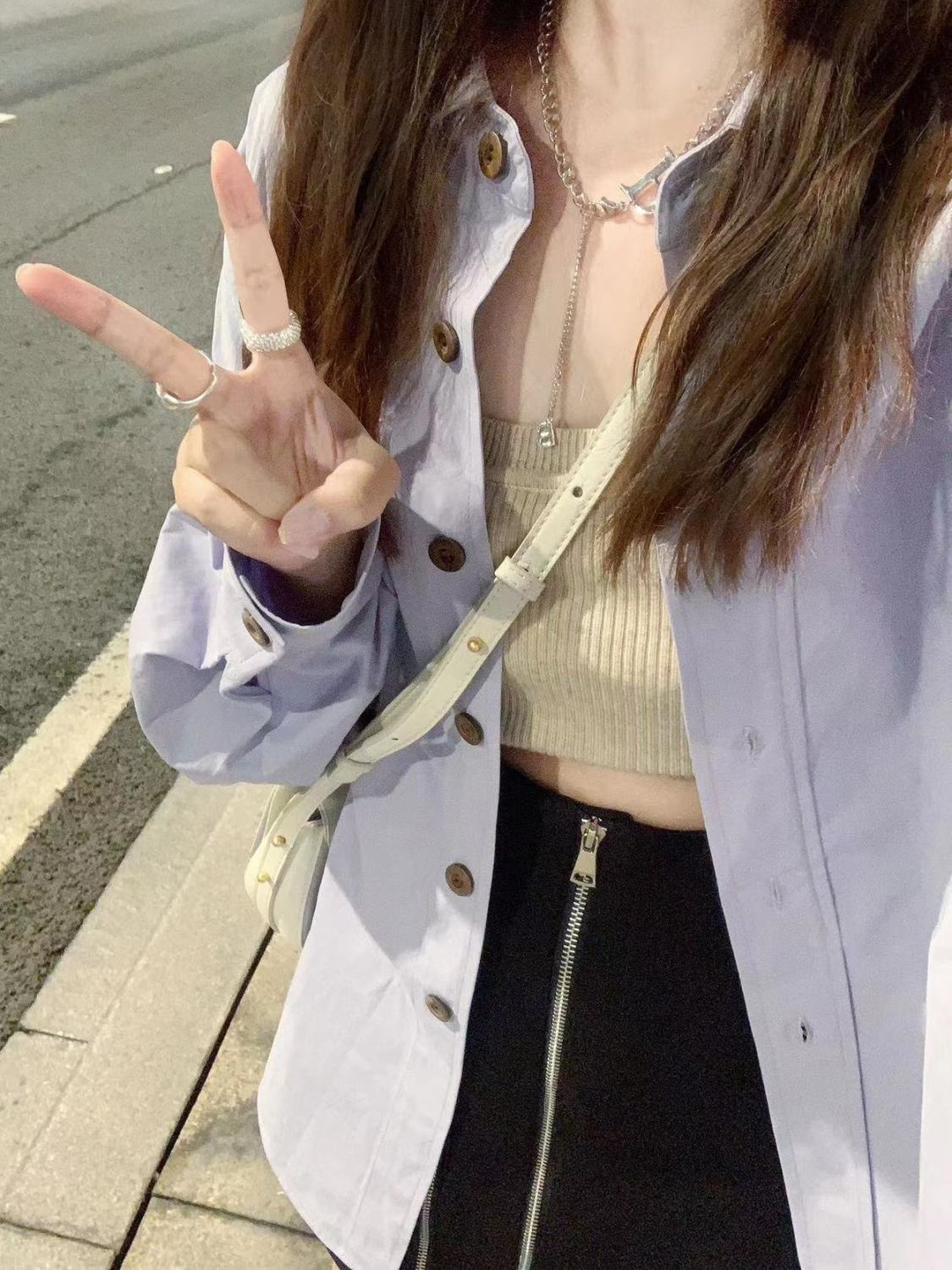 日系清新淡紫色純棉襯衫女設計感小眾別致襯衣開衫外穿長袖上衣服