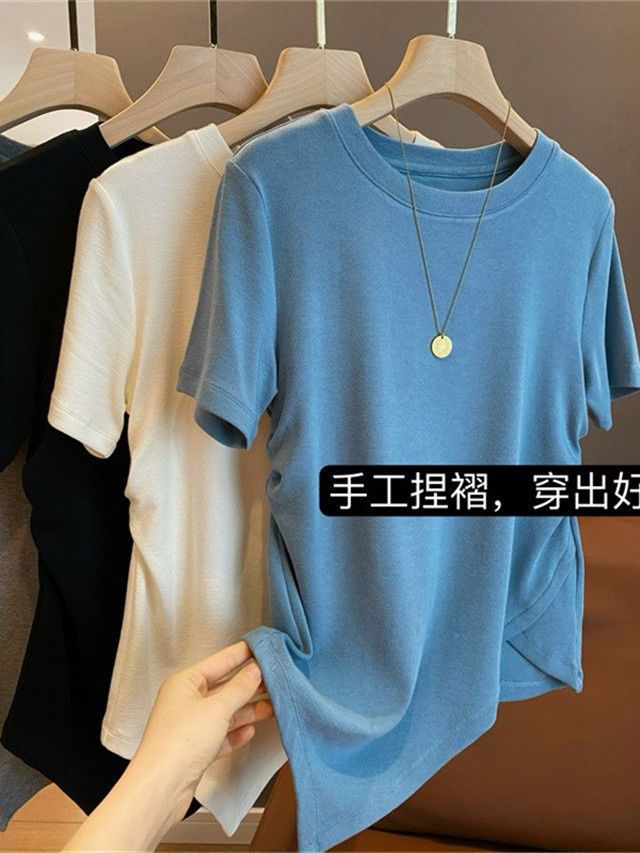 2022春夏新款 小心機褶皺顯瘦高科技棉舒適修身不規則ins潮T恤女