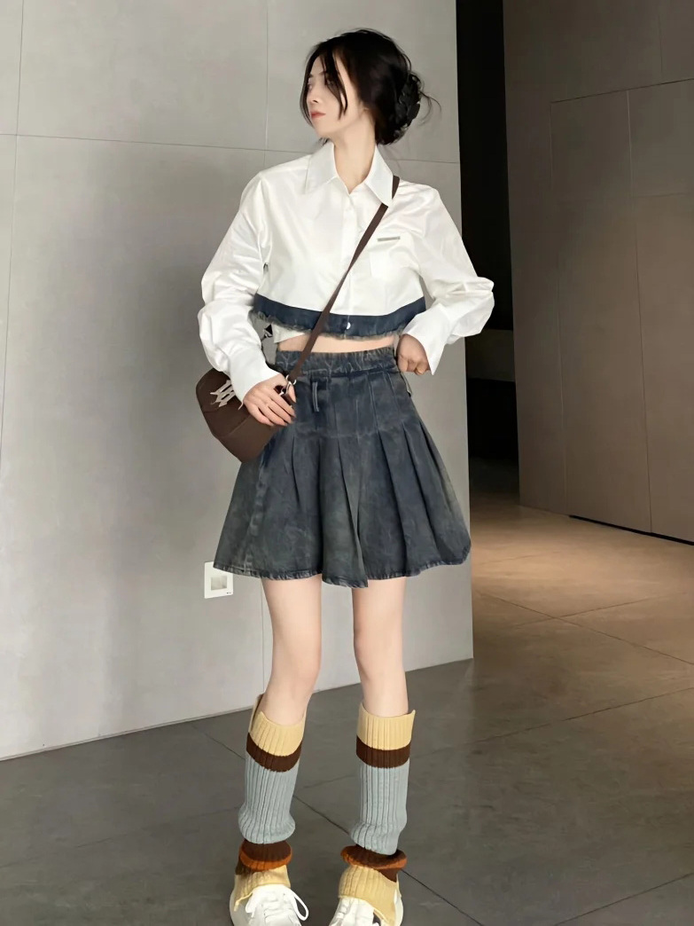 小眾時尚兩件套裝新款假兩件清新超仙輕奢上衣襯衣水洗牛仔半身裙