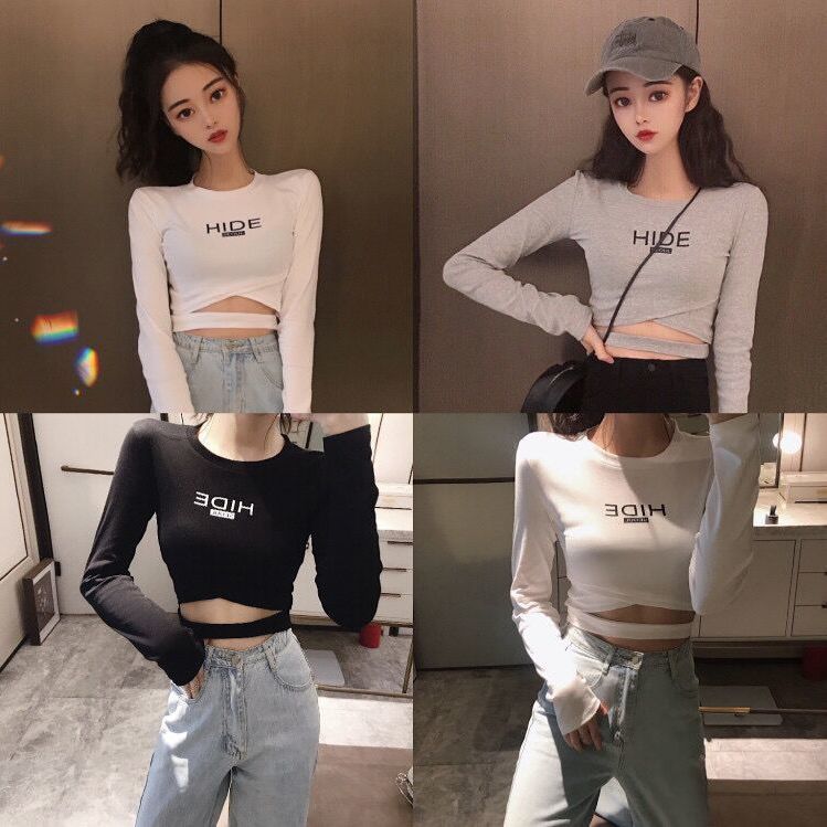 Tight and thin cross design sense niche long-sleeved t-shirt women's high waist short top autumn and winter bottoming shirt spring