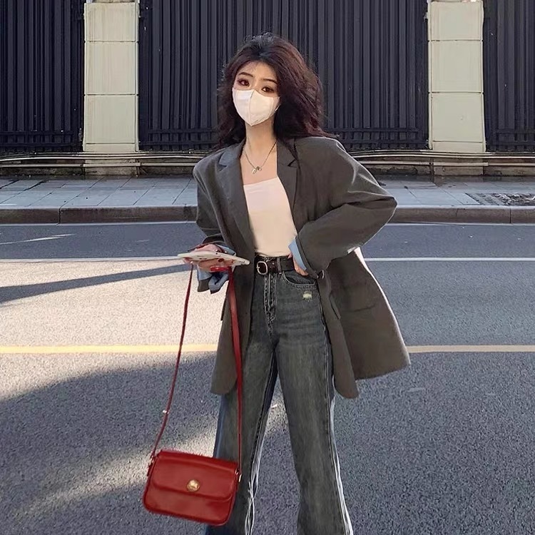 French niche western style retro gray suit high-end casual professional slim suit jacket for women street