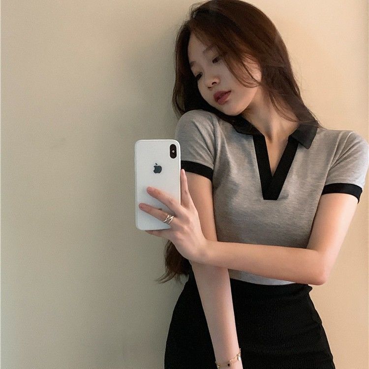 Tops with short skirts Ladies Hong Kong style polo collar fashion short tight T-shirt summer V-neck high waist showing chest tops