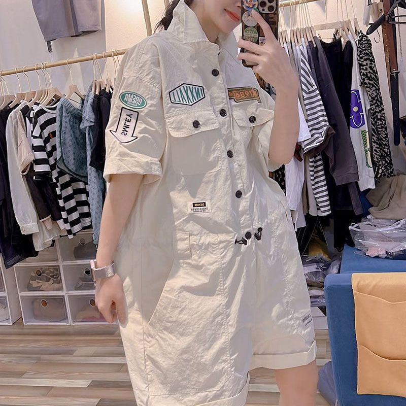 Thirteen Lines Women's Oversized Size 2-300 Jin Fat mm Summer Heavy Industry Embroidery Button POLO Collar Siamese Shorts Women