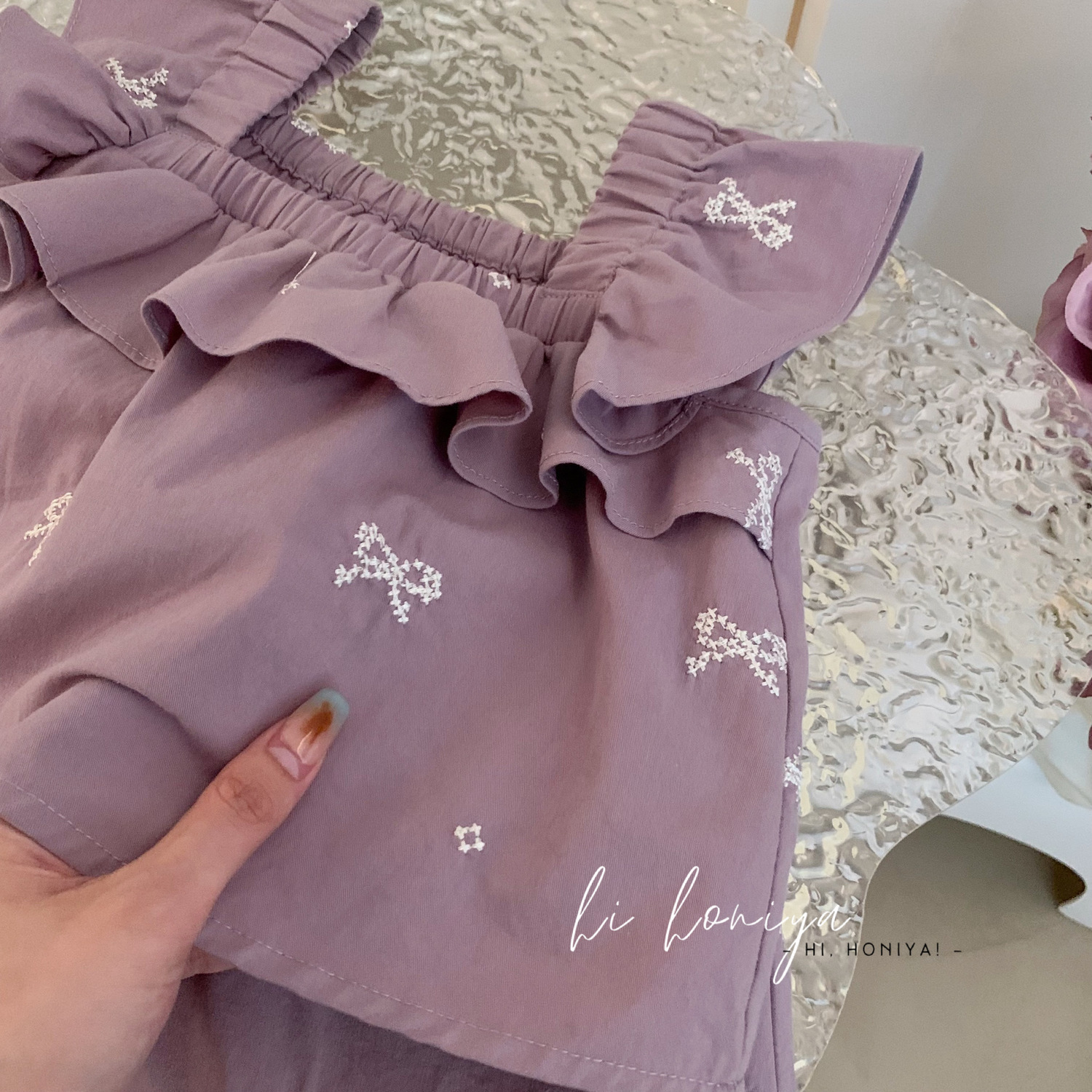 女童夏季套装2023新款韩版蝴蝶结刺绣紫罗兰无袖两件套可爱公主风