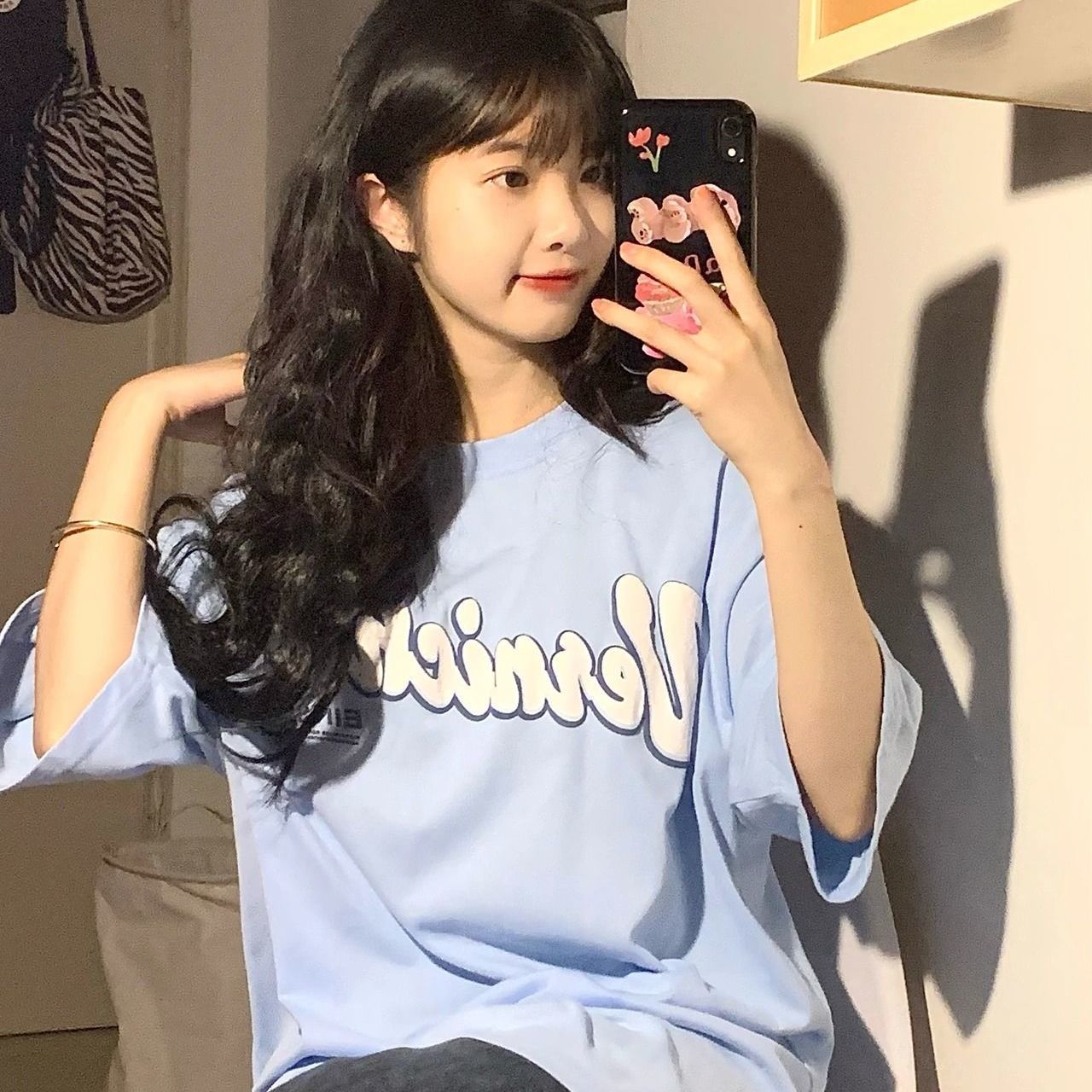 Milk blue salt short-sleeved female print  summer new Korean version loose college style sweet cool top T-shirt ins