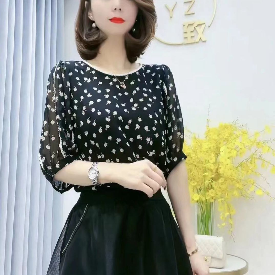 雪紡印花中袖上衣女2022新款設計感小眾ins甜辣超仙氣質庶肚襯衫