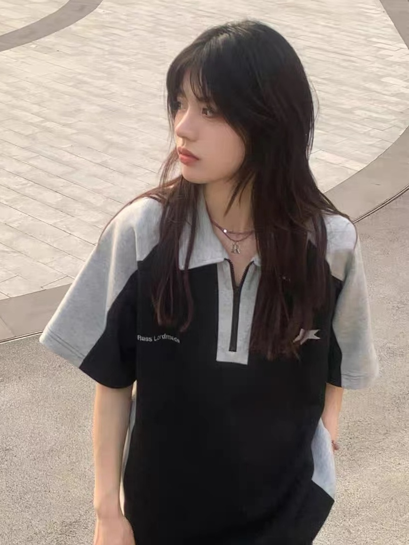Super fairy pure desire style heavy embroidered polo shirt female short-sleeved t-shirt summer loose splicing contrast color high street top