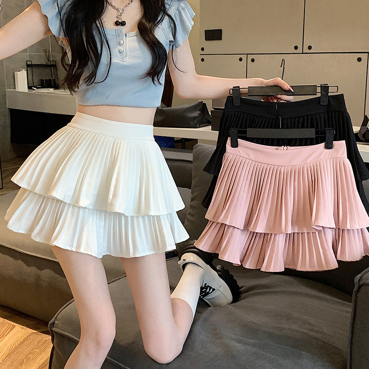 White short skirt, high waist, slim cake skirt, pants skirt, pleated skirt, women's new summer anti glare A-line half length skirt