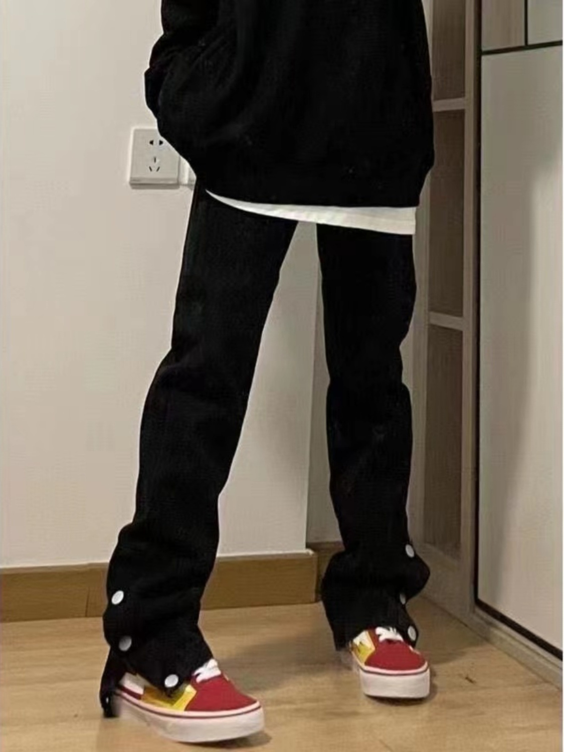美式排扣牛仔褲女2023春秋高腰大碼胖mm開叉直筒長褲高街褲子ins