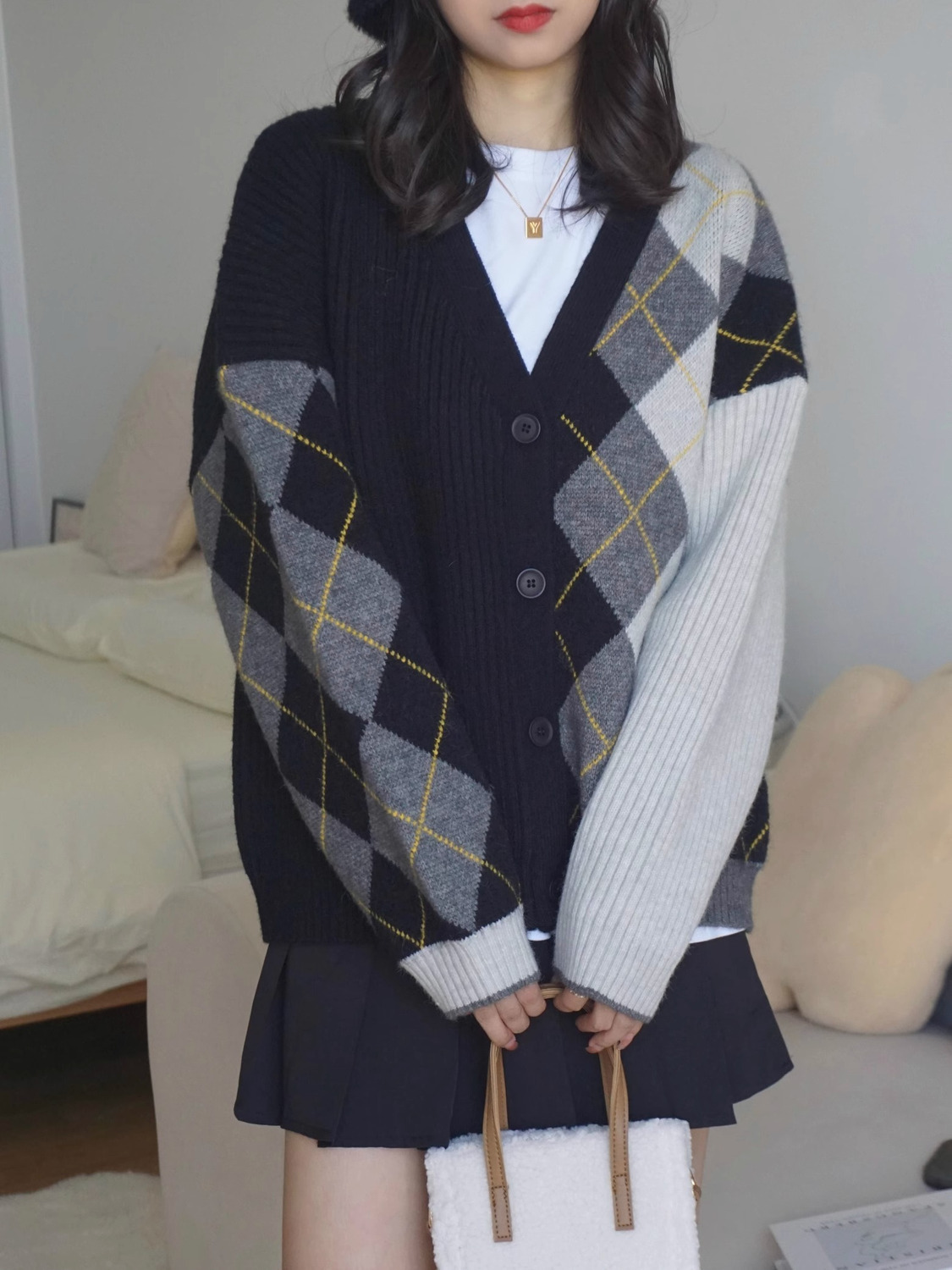 復古黑撞色菱格V領針織開衫女春秋冬新款寬鬆慵懶風毛衣外套加厚