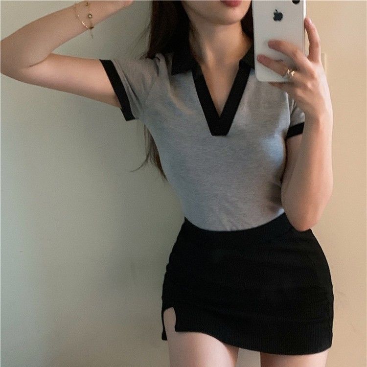 Tops with short skirts Ladies Hong Kong style polo collar fashion short tight T-shirt summer V-neck high waist showing chest tops