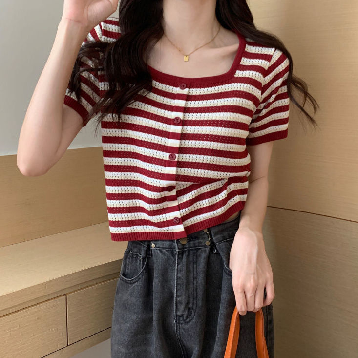 Large size ice silk striped sweater 2023 summer fat mm square collar short-sleeved top loose slim shoulder T-shirt female