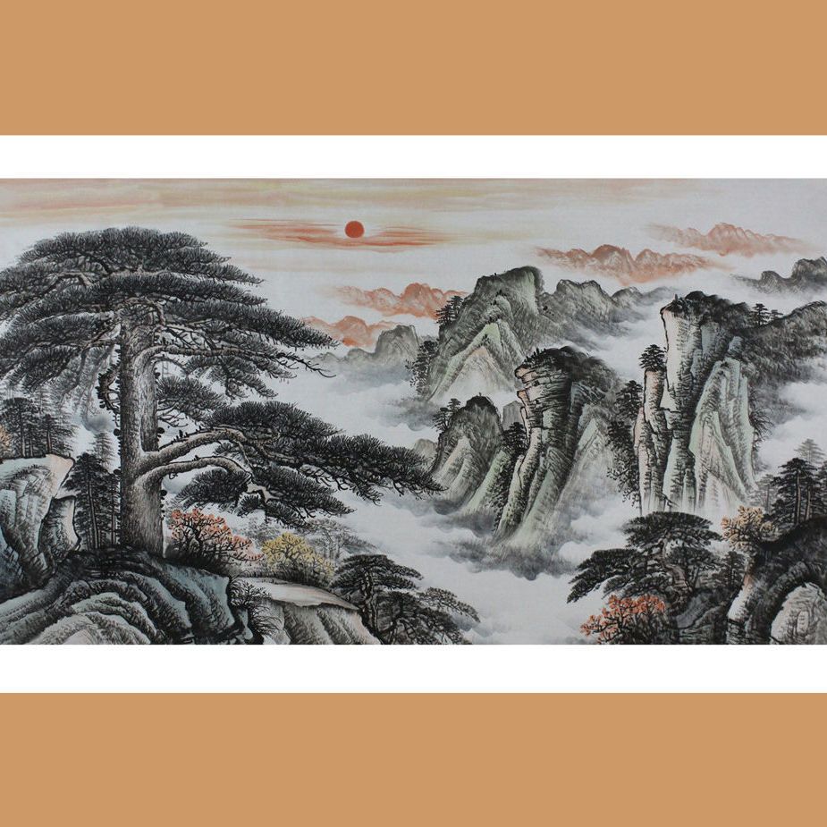 手绘国画迎客松山水画挂画客厅风水靠山装饰画办公室字画六尺未表【3