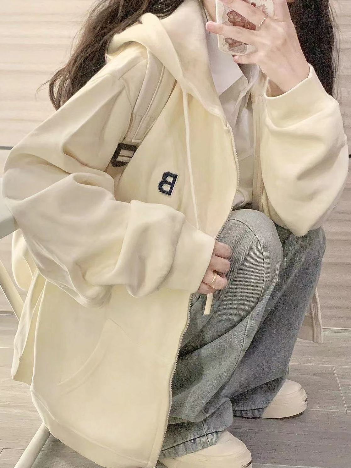 春秋新款刺繡奶杏色連帽衛衣女日系甜美寬鬆百搭顯瘦拉鏈外套ins