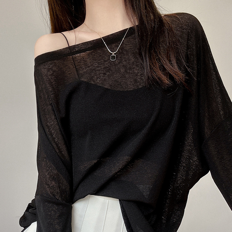 White knitted T-shirt long-sleeved sun protection blouse for women summer ice silk loose bottoming shirt thin see-through outer top