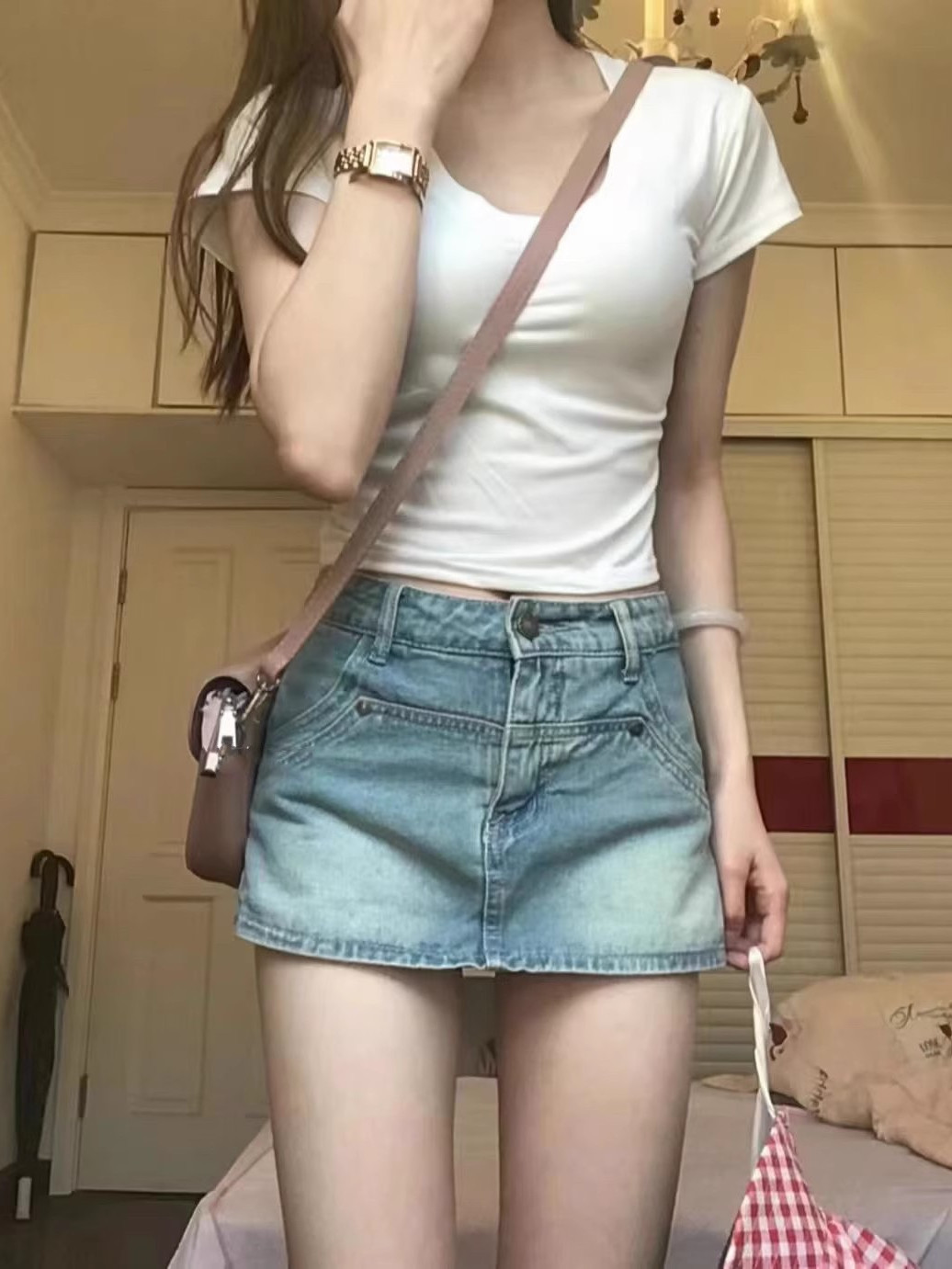 Denim short skirt for women, designer high street hot girl anti-exposure skirt pants, slimming niche hip skirt ins trend