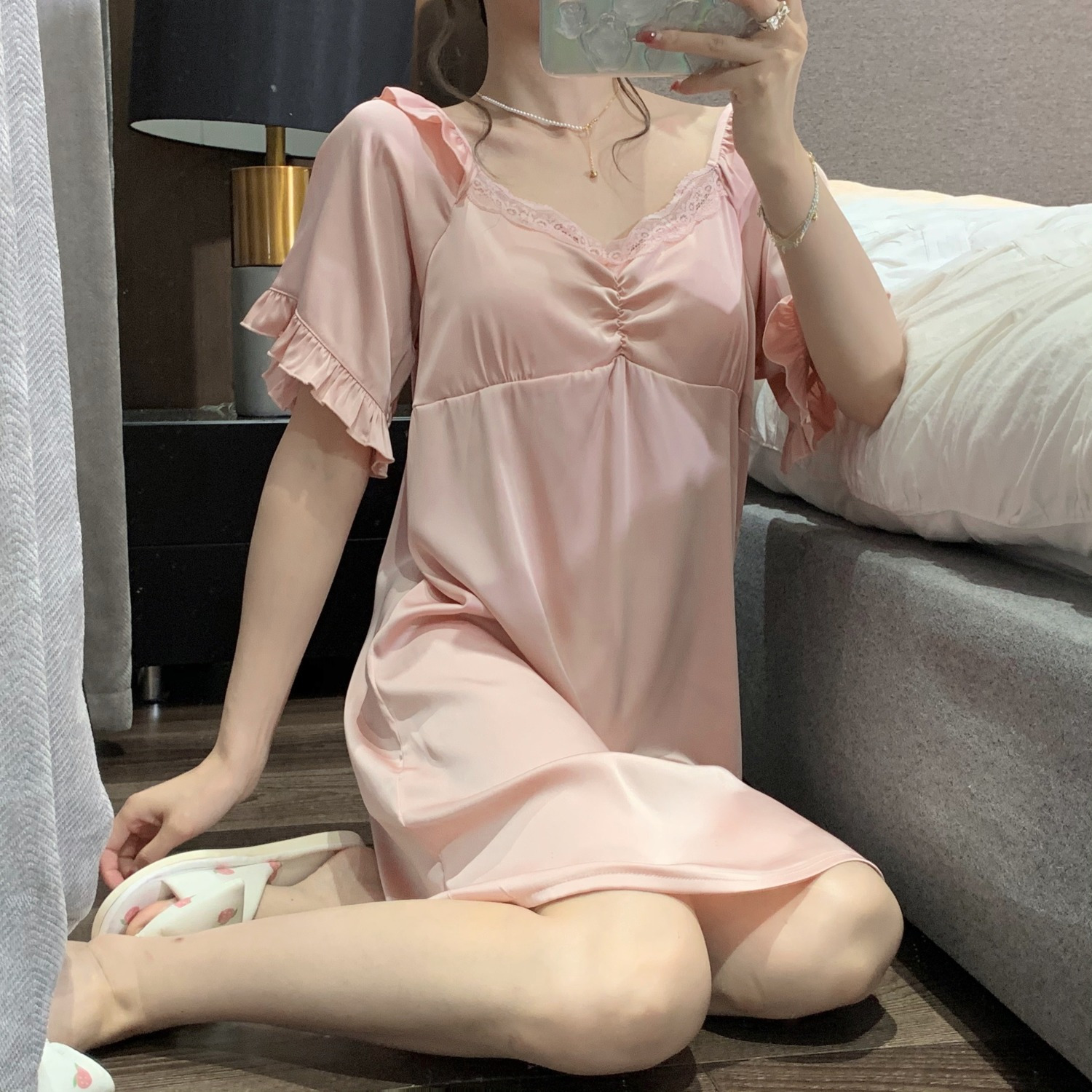 Cute lace edge square collar short-sleeved dress nightdress female summer sexy pure desire ins wind ice ribbon chest pad home service
