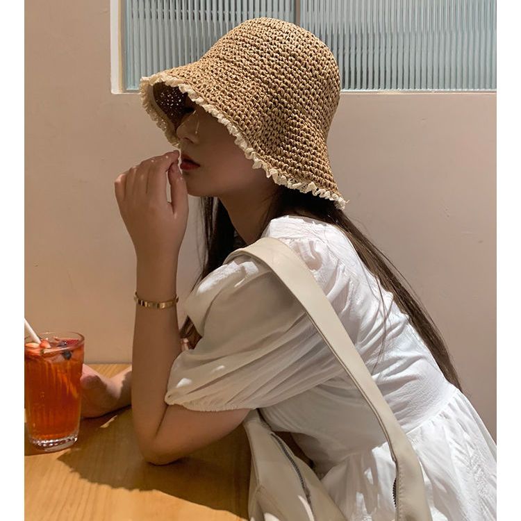 蕾丝草帽渔夫帽女夏季日系透气遮阳太阳帽2023新款可折叠草编盆帽