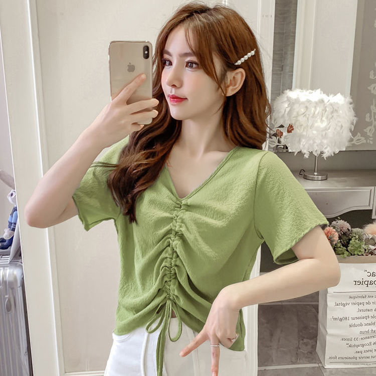 Chiffon top women's summer design niche French chic V-neck drawstring bubble wrinkle shirt sweet short-sleeved T-shirt trendy