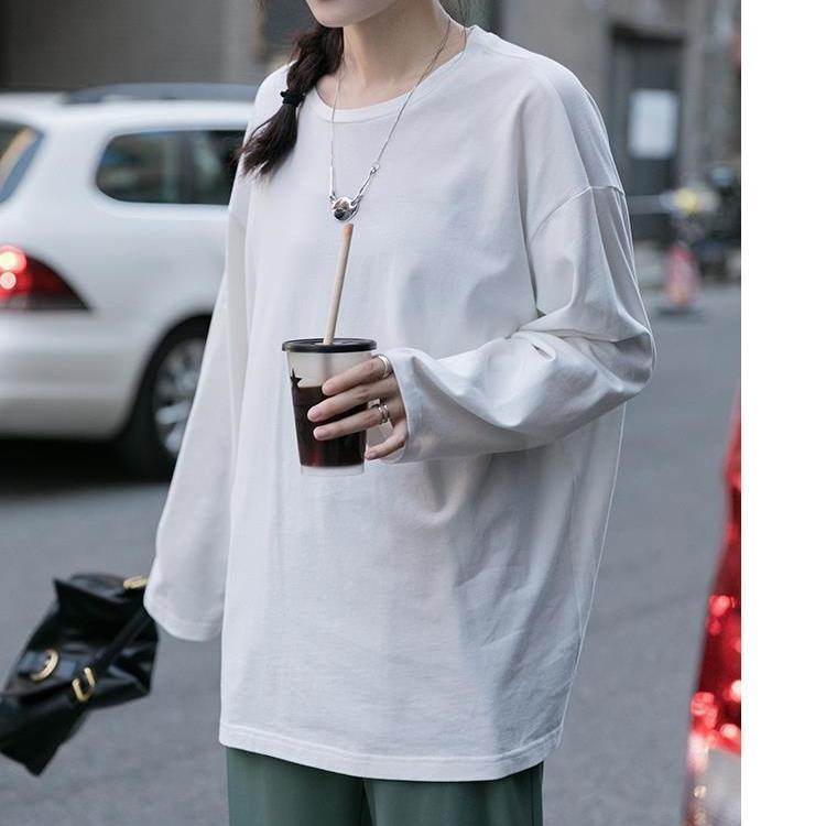 77049-2021宽松大码女款早春秋季韩版内百搭纯棉白色t圆领T恤长袖打底衫【9月28日发完】-详情图