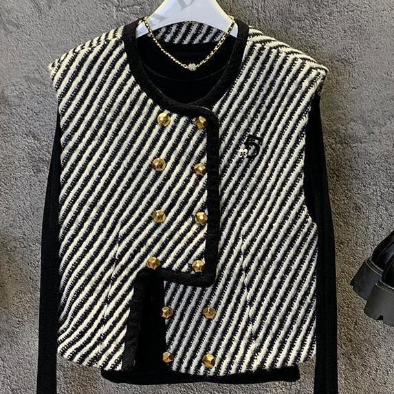 Paris Town Small Fragrance Fashion Western Style Double-breasted Diagonal Striped Vest Jacket Original High-end