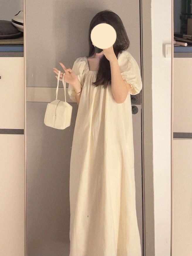 French Square Neck Puff Sleeve Dress Pajamas Women Summer Gentle Loose Thin Short Sleeve White Dress Nightdress Summer