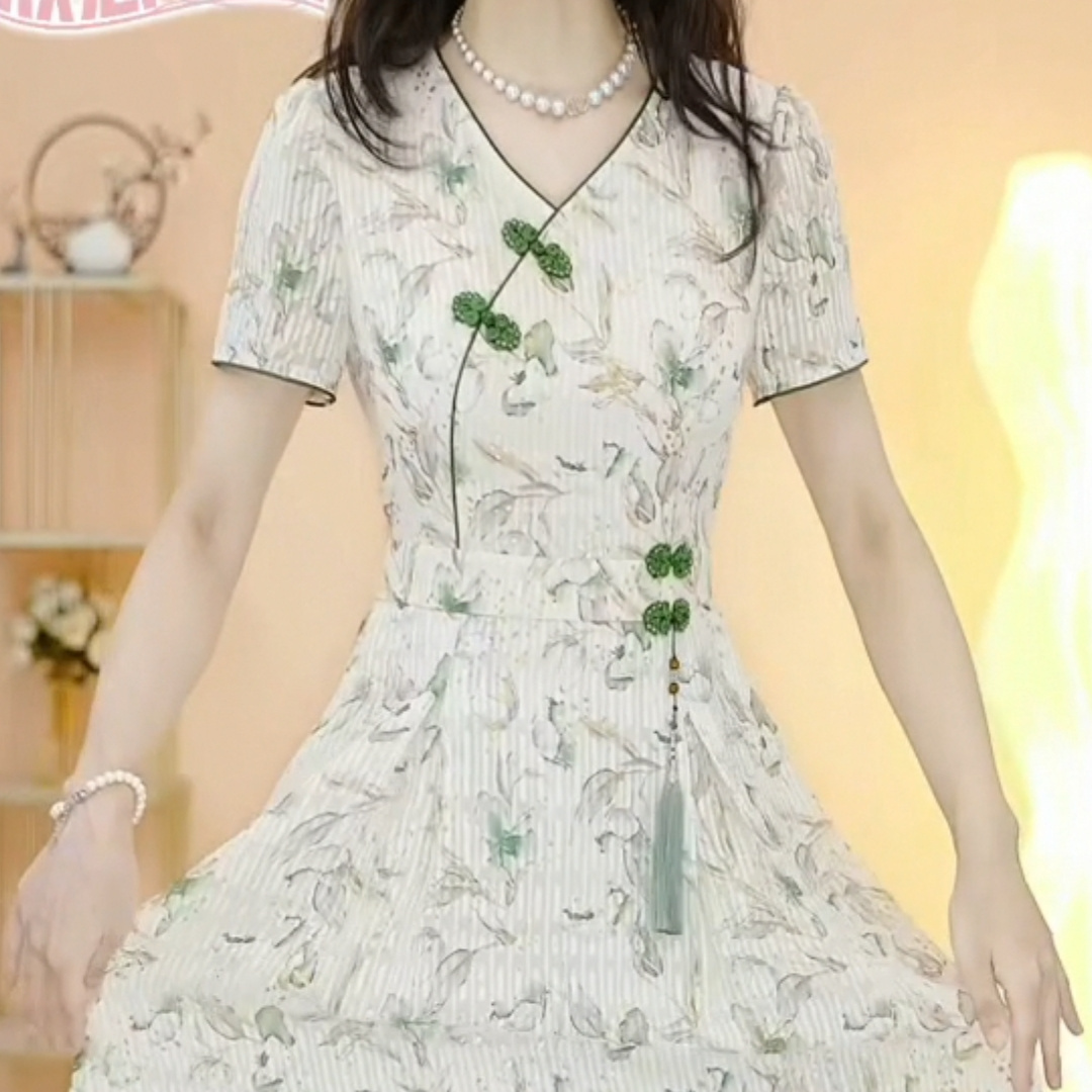 Lyocell Tencel improved cheongsam dress 2023 new women's summer short-sleeved waist slimming national style skirt
