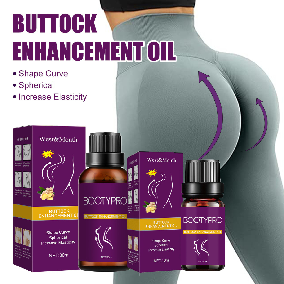 West&Month Hip Lifting Essential Pull Massasjeolje, Oppstrammende Formende Ferskenfargede Hofter, Fremhever Buede og_voghion.com