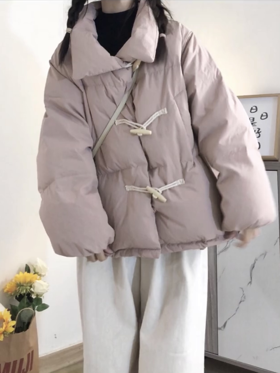 Short pink stand-up collar thickened warm bread coat and cotton coat for female students  new loose winter cotton coat