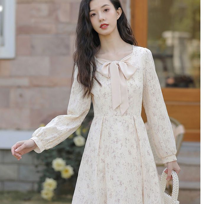 French platycodon first love skirt new style  spring and summer gentle temperament high waist long lace floral dress