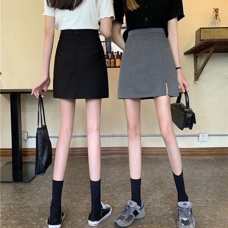 Black skirt women's summer dress retro Hong Kong style high waist slim gray suit skirt slit A-line hip skirt
