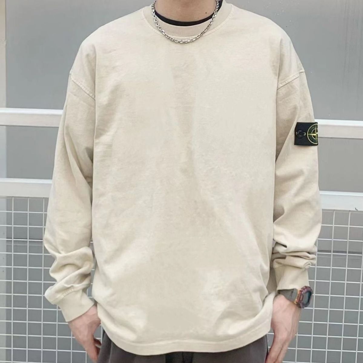 Stone Island Badge Pure Cotton Round Neck Long Sleeve T-Shirt Men's Trendy Casual Loose All-Match Bottom Shirt Couple Tops Trendy