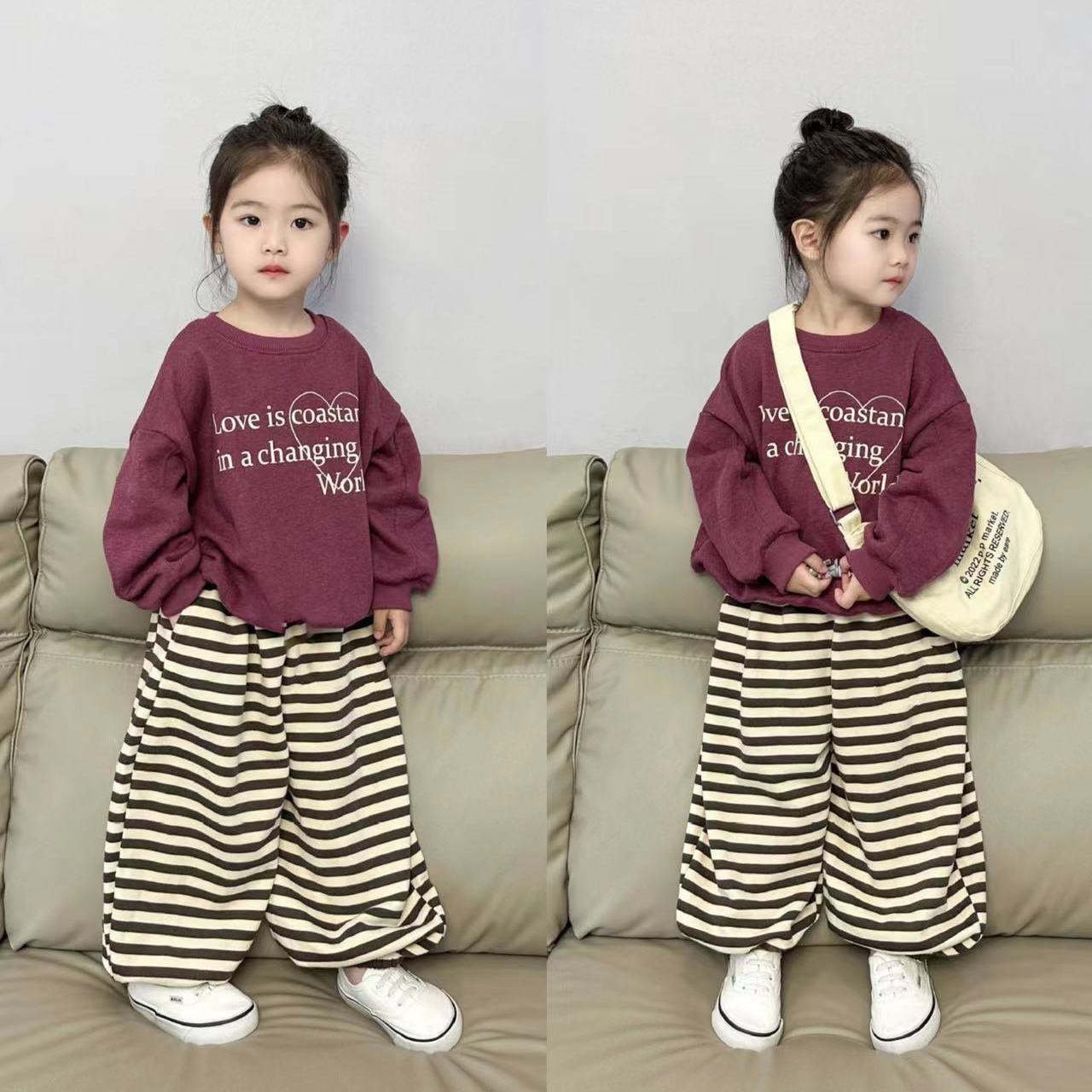 韩国童装女童洋气卫衣套装2023秋新款女宝圆领套头衫阔腿裤两件套