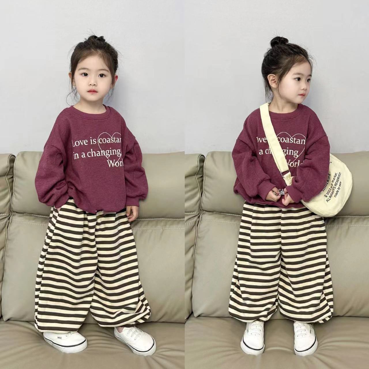 Korean children's clothing girls' stylish sweatshirt suit 2023 new autumn baby girl round neck pullover wide leg pants two-piece set