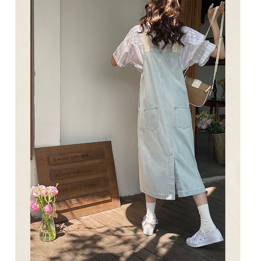 Pure color denim suspender skirt women's summer new Korean version loose and age-reducing small man mid-length straight dress