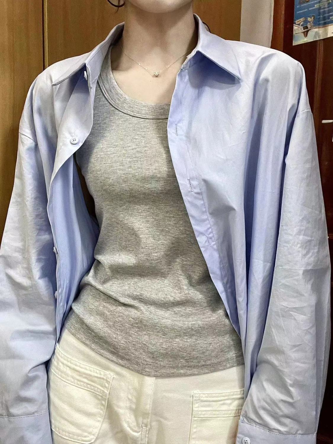 2023春夏新款藍色長袖襯衫女夏寬鬆韓版純色上衣百搭休閒襯衣開衫
